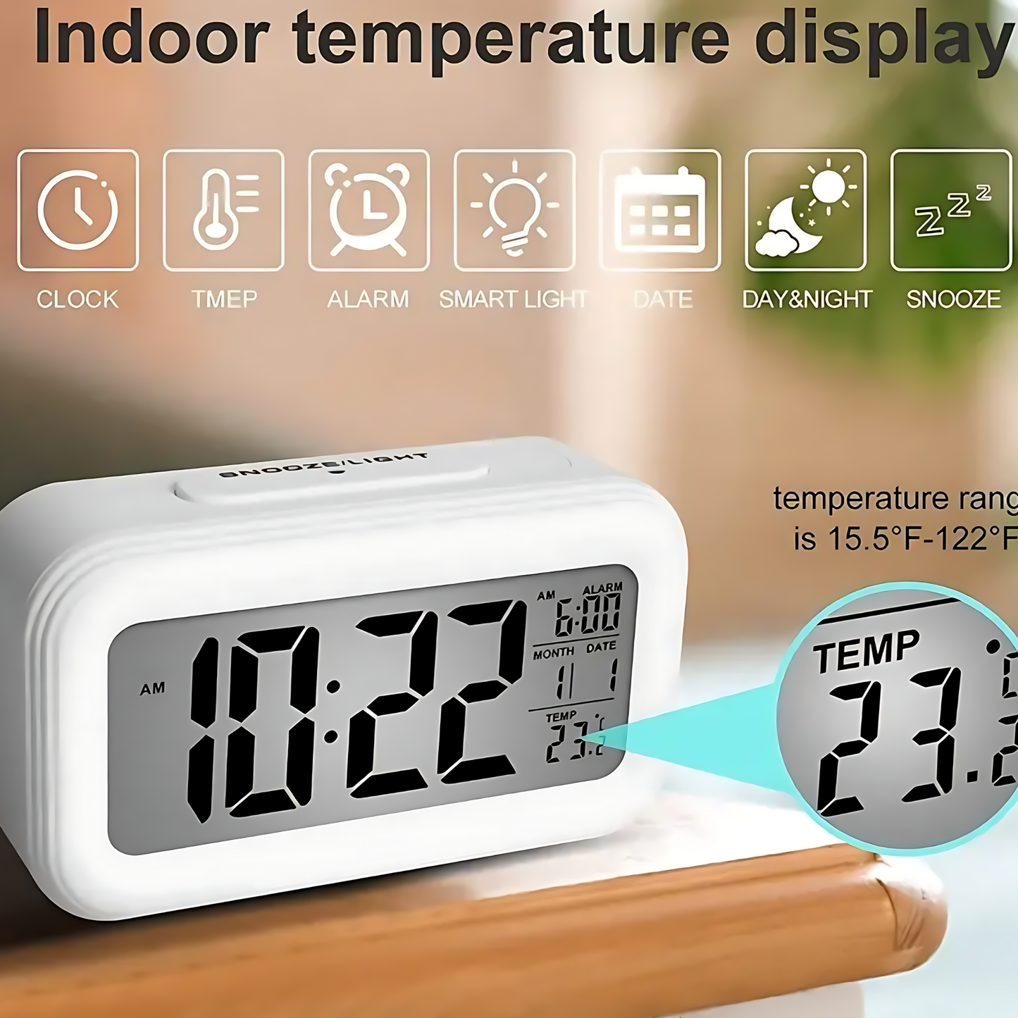 M78 Digital LED Clock | Temperature Sensor | Night Light Sensor | White